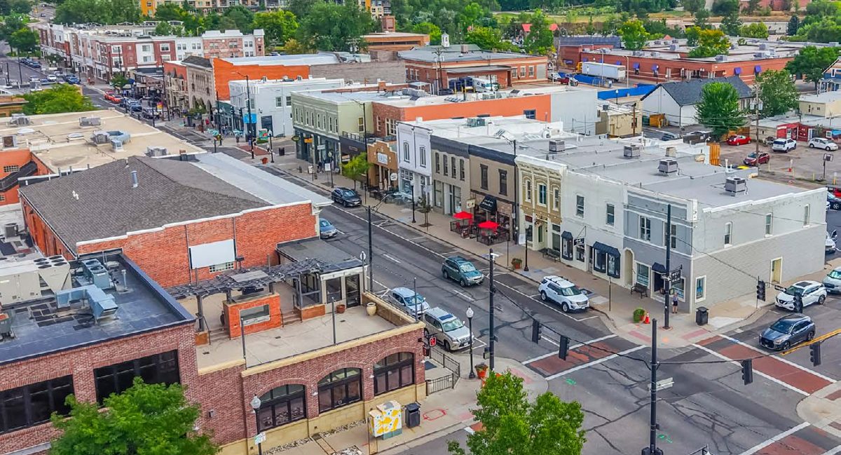 Aerial view of Main Street in downtown Littleton