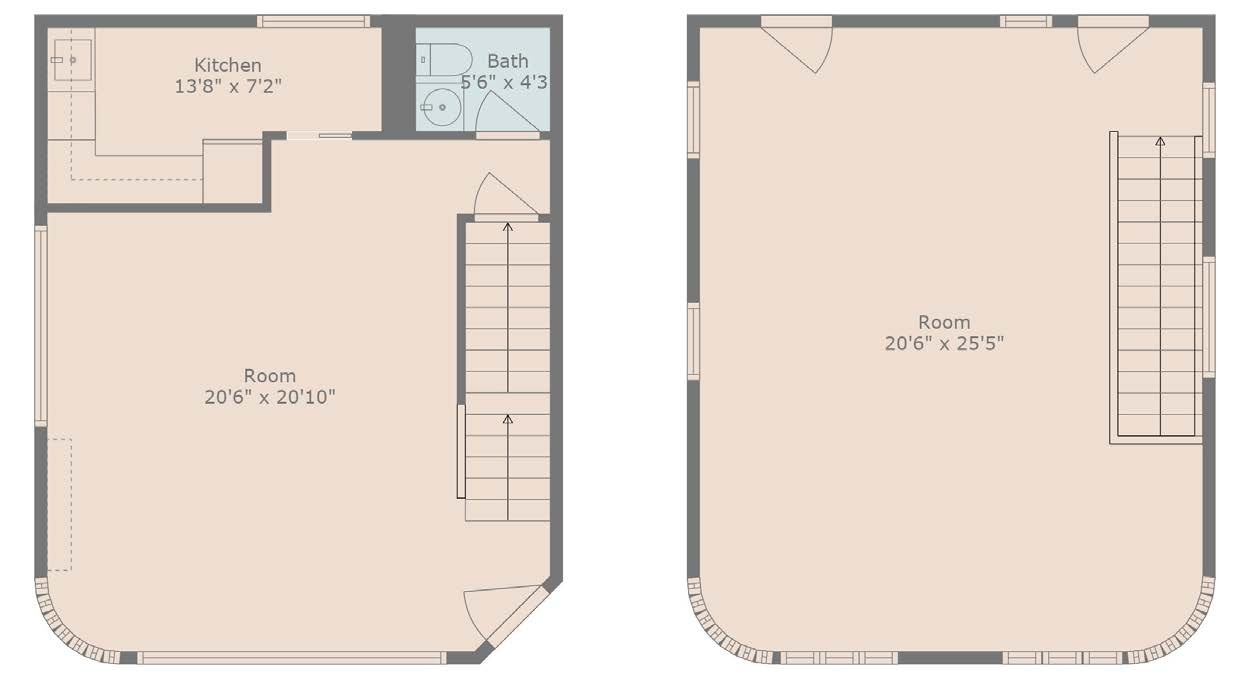 Floor plans. Ground floor: main room 20 feet 6 inches by 20 feet 10 inches, kitchen 13 feet 8 inches by 7 feet 2 inches, one restroom, staircase. Second floor: one room 20 feet 6 inches by 25 feet 5 inches.